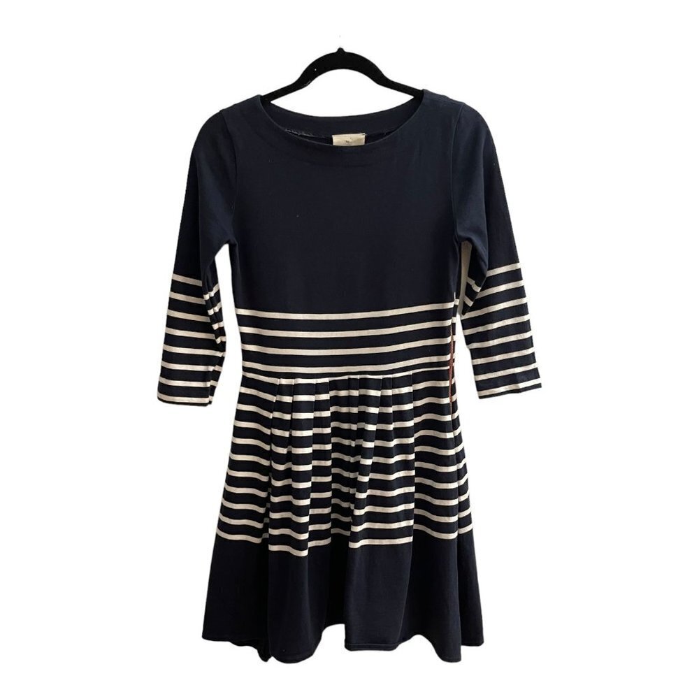 Boy. Band of Outsiders Size S Navy Striped Flare Dress Boat Neck 3/4 Sleeves